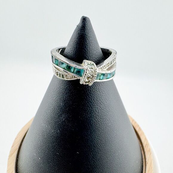 Vintage Silver Tone Bow Ring Green Glass & Marcasite Art Deco Style Glam Retro - Picture 8 of 10